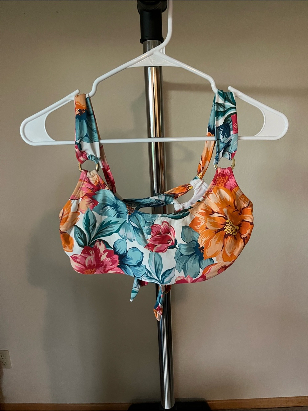 Floral Tie-Front Bikini Top in Turquoise, Coral & Orange